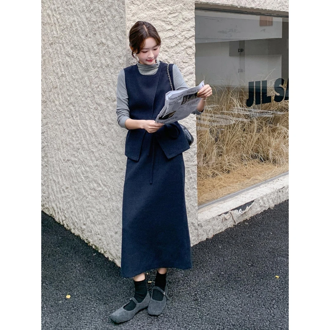 深蓝马甲背心长裙三件套秋装女2024新款优雅气质法式半身裙套装潮