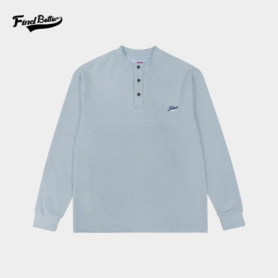 新款条纹长袖宽松德绒抓绒亨利领时尚经典百搭运动长袖T恤男-329
