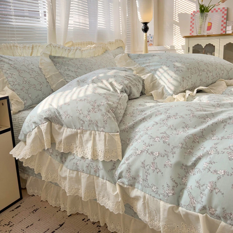 法式针织棉双层纱花边床盖款四件套韩版公主风小碎花被套床上用品