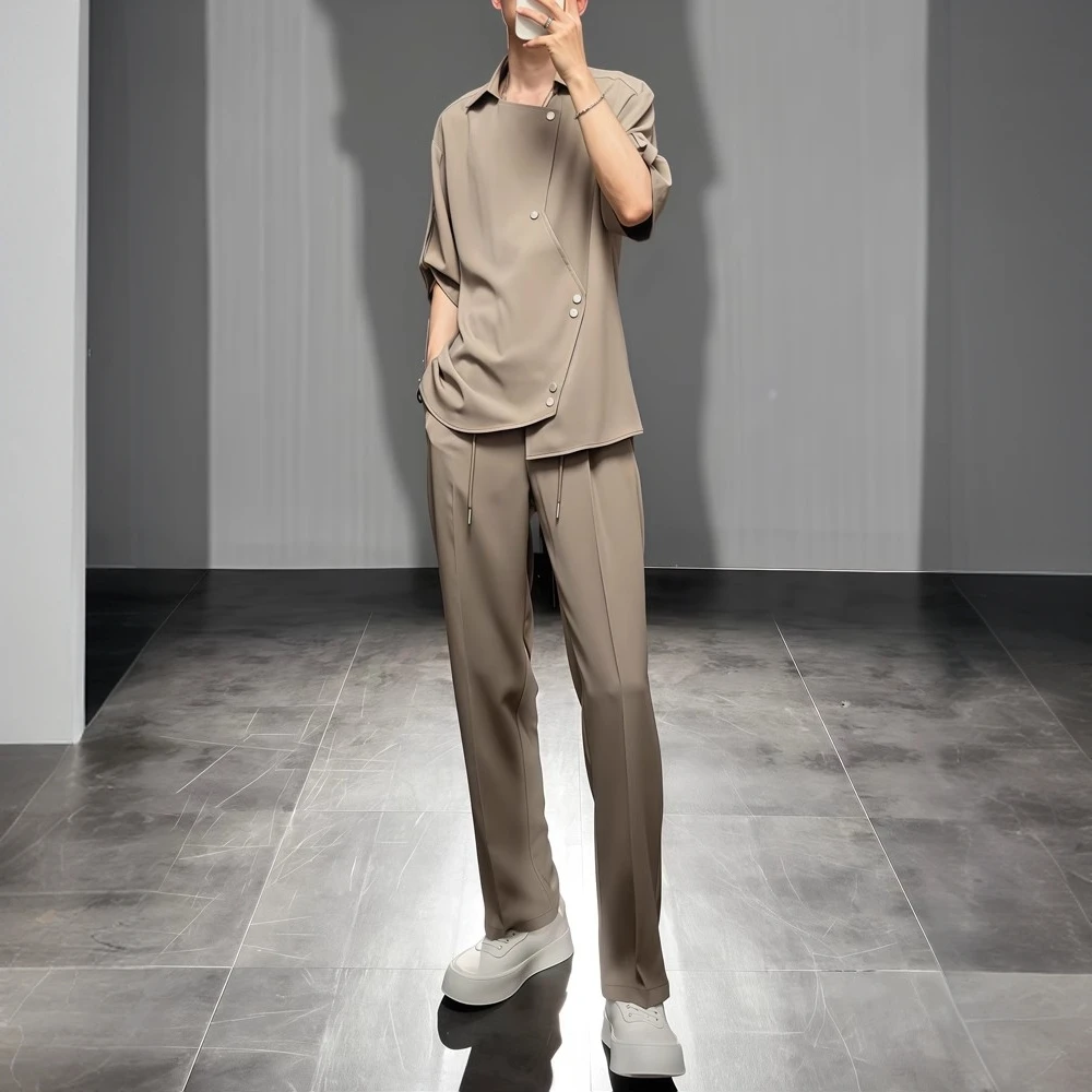 莱蒙璀韩系设计感宽松短袖衬衫上衣男款新款潮流休闲百搭衬衣套装