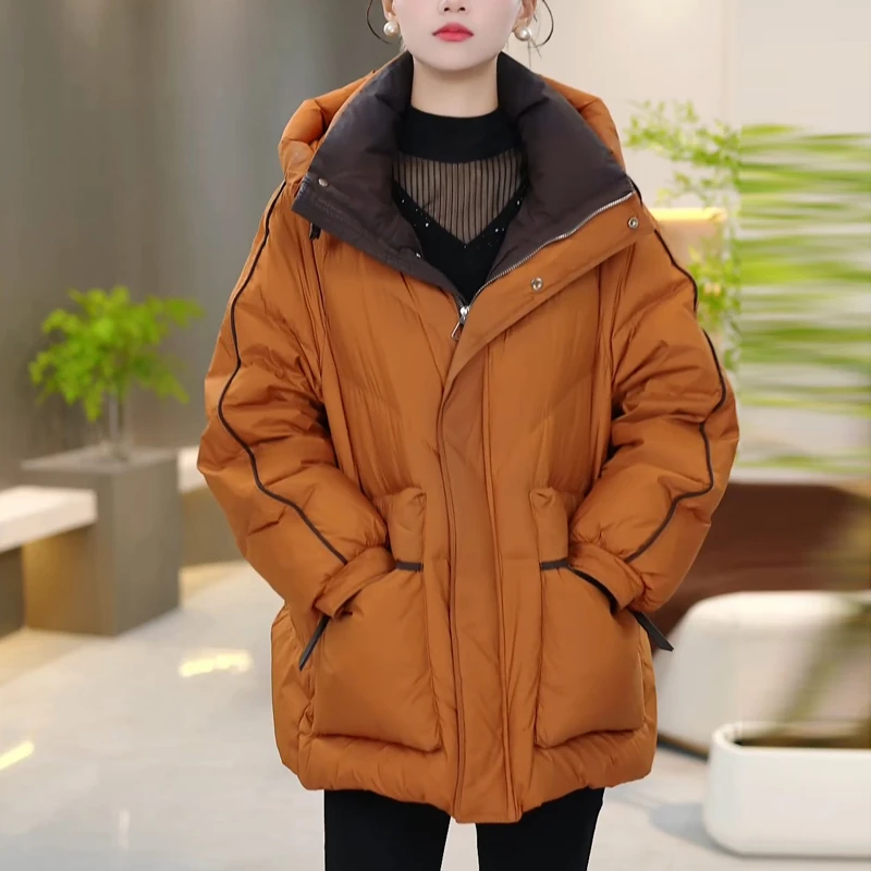 加厚白鸭绒小个子外套女2025新款冬季妈妈宽松大码高端连帽羽绒服