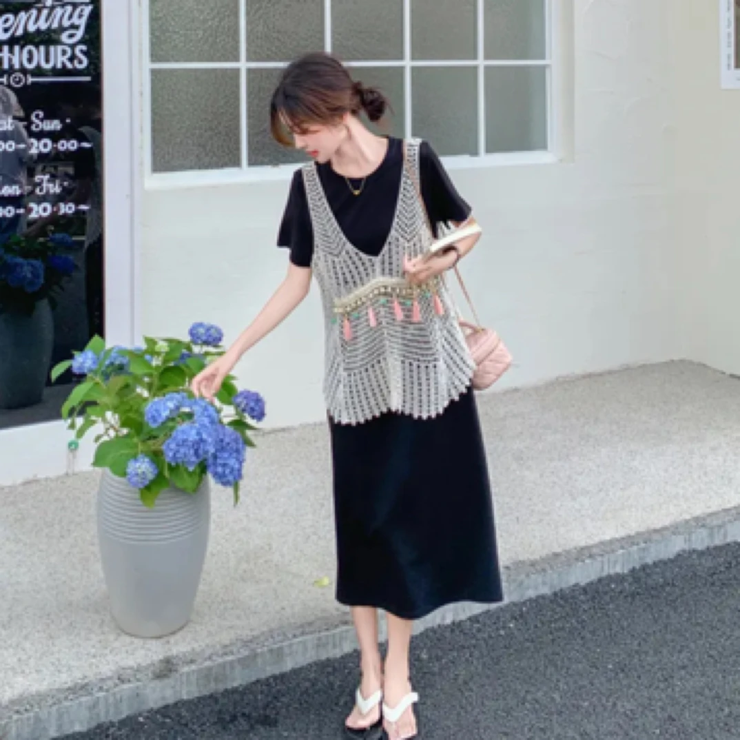 初夏新款～现货多多【蔷薇花】真两件拼接流苏套装连衣裙大码定制