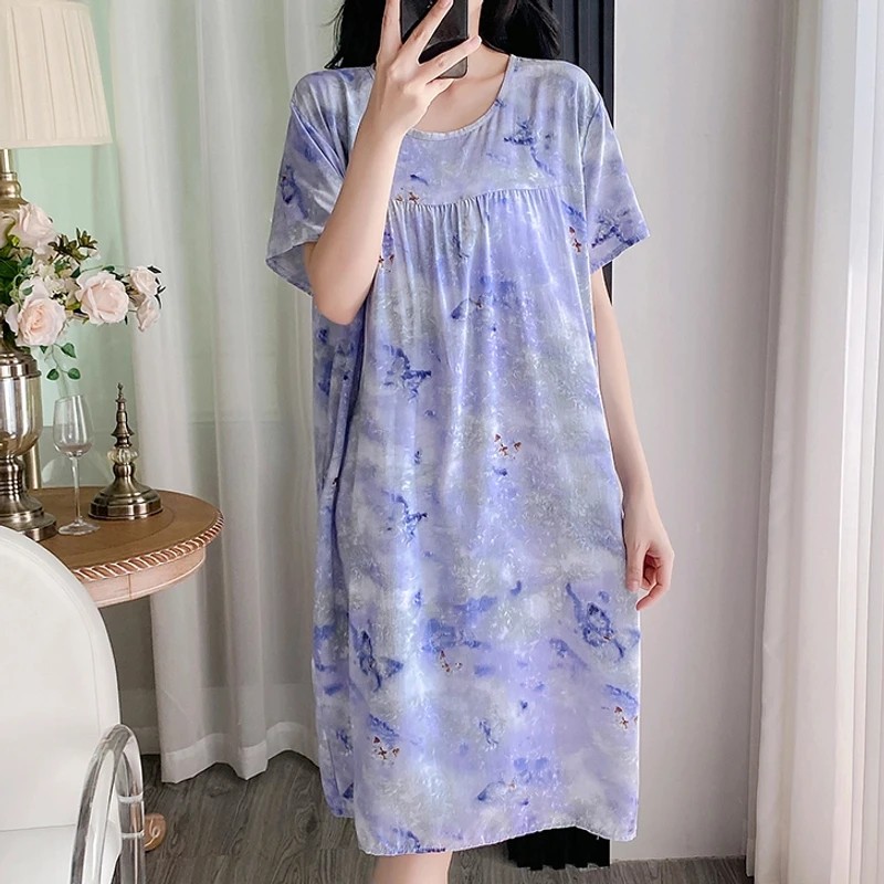 【带胸垫】棉绸睡裙女夏季新款中长款短袖裙子人造棉防凸点绵绸睡衣