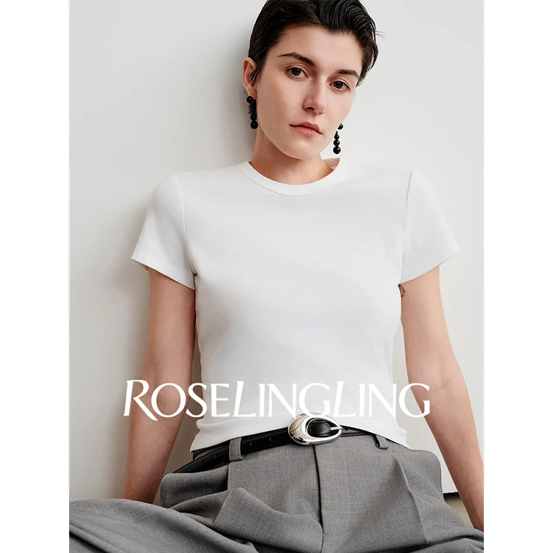 ROSELINGLING经典R标系列 定制针织坑条短款上衣女圆领短袖T恤夏