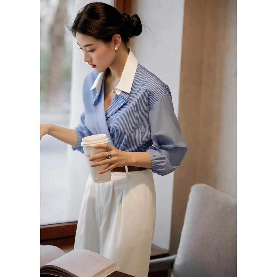 早秋小众独特超好看上衣气质轻奢高级感别致绝美通勤百搭蓝色衬衫