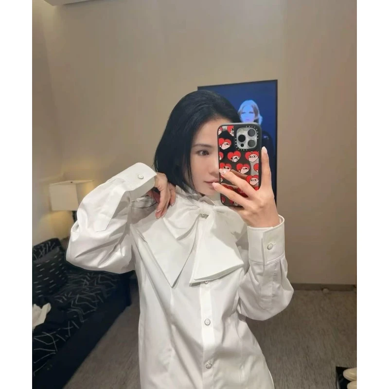 【LL】【CC】香家新款白色蝴蝶结领带衬衫长袖