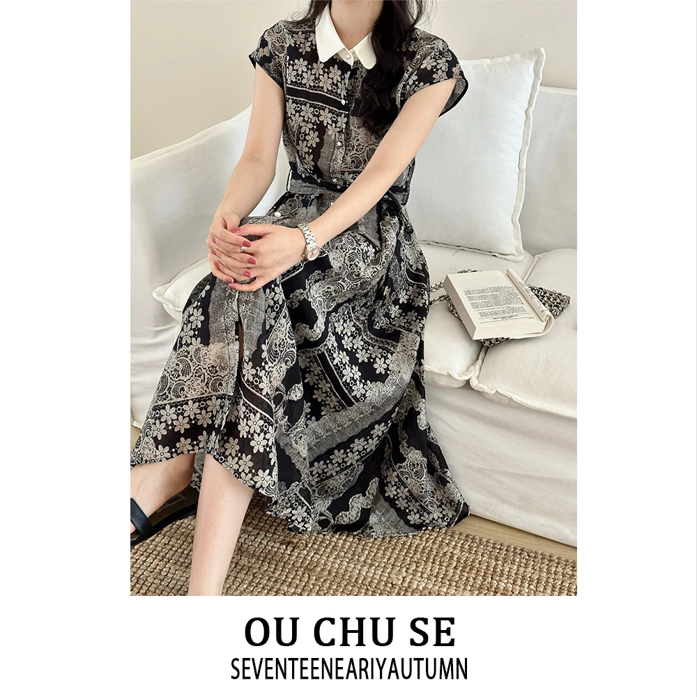 夏装2025新品时尚印花品质感天丝气质收腰连衣裙痞帅炸街风女装
