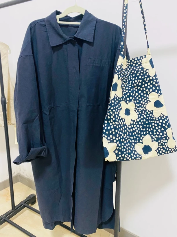 日系春款宽松衬衫风衣外套中长款女翻领开衫上衣