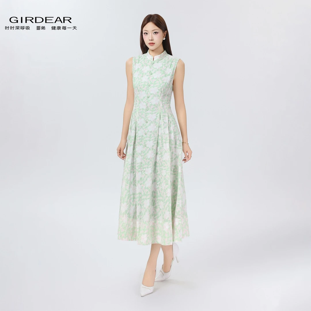 GIRDEAR/哥弟新款洋装新中式气质印花优雅显瘦连衣裙1500535