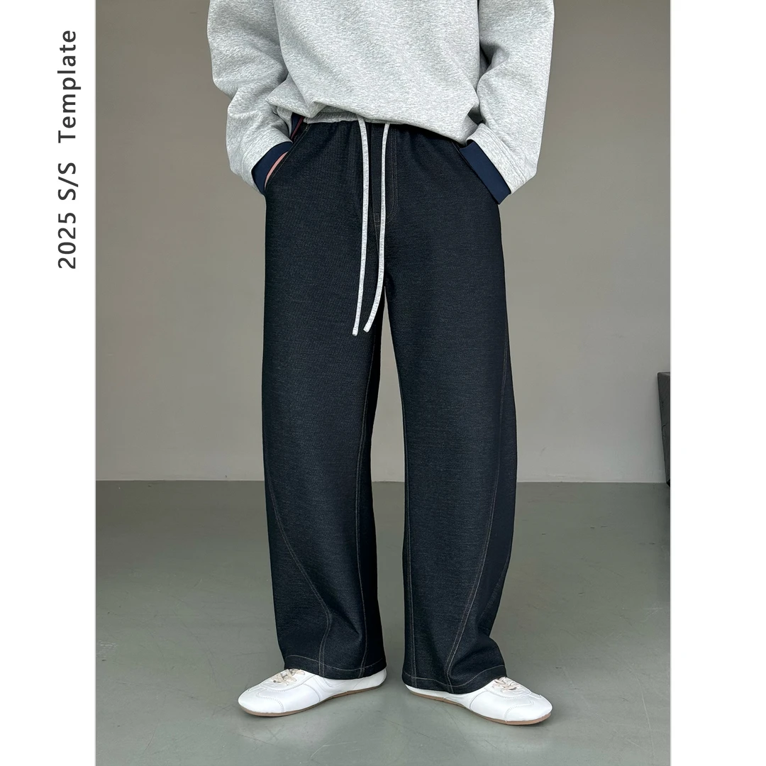 DUPU 黑标 羊毛混纺针织牛仔素材微阔撞色松紧腰休闲裤