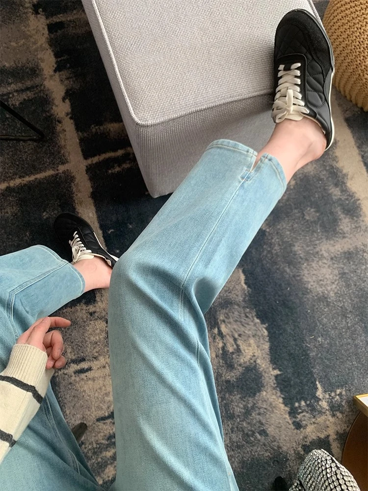 春季新款百搭开叉九分直筒裤女梨形身材高腰显瘦弹力小个子烟管裤