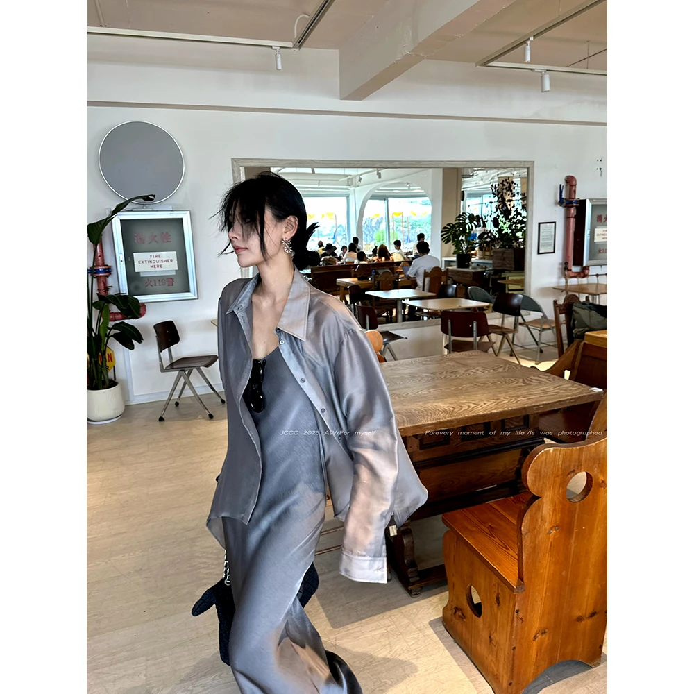 JCCC影子【一纸云烟】灰色轻薄网纱衬衫连衣裙套装JE4ESZ14