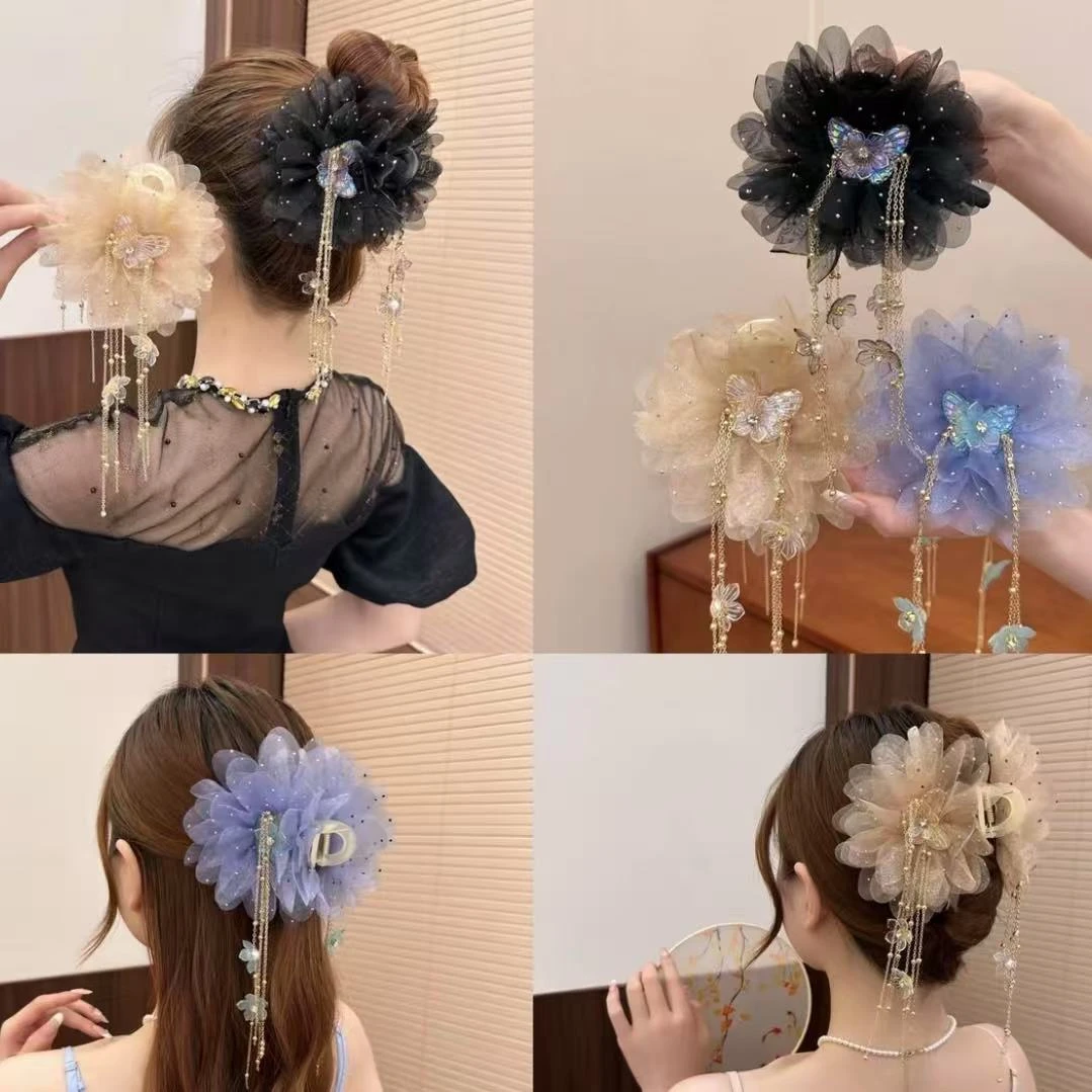 【流苏吻花】春夏新款流苏蝴蝶网纱花朵抓夹气质百搭显发量鲨鱼夹