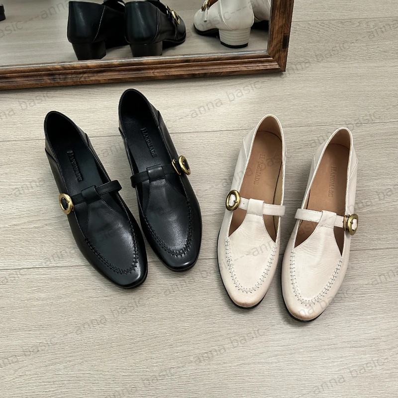 3cm/ED1960牛皮粗跟单鞋女春夏百搭圆头丁字扣中跟玛丽珍鞋真皮