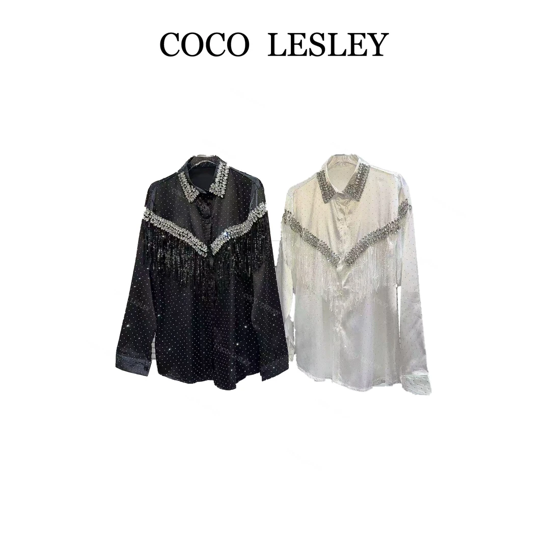 走秀演出重工水钻钉珠烫钻流苏缎面衬衫衬衣Y-039