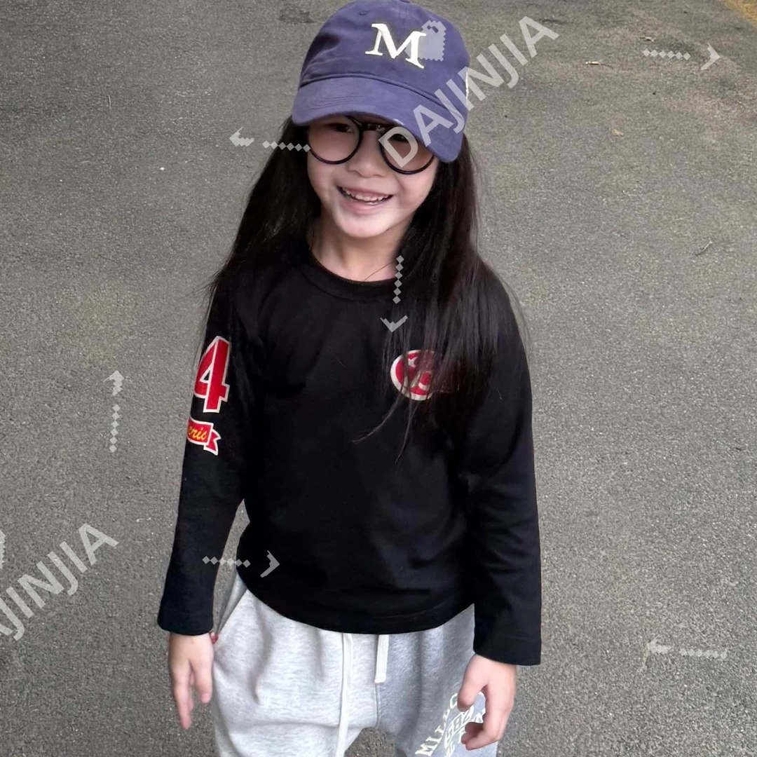 大金定制新款潮牌奶嘴纯棉男女童黑色酷感印花长袖体恤