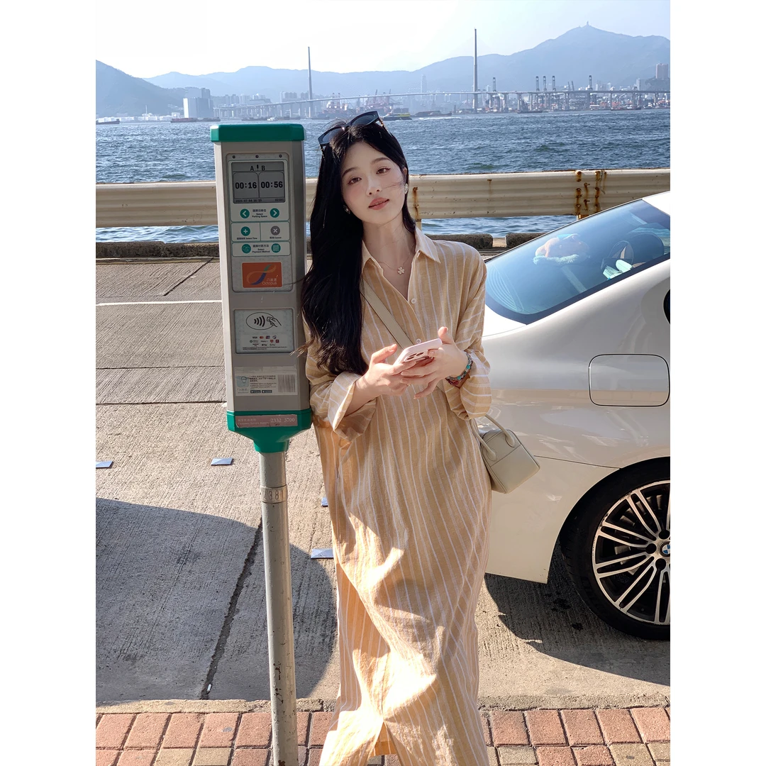 夏诗文 亚麻棉半开领宽松条纹连衣裙女秋长款衬衫裙