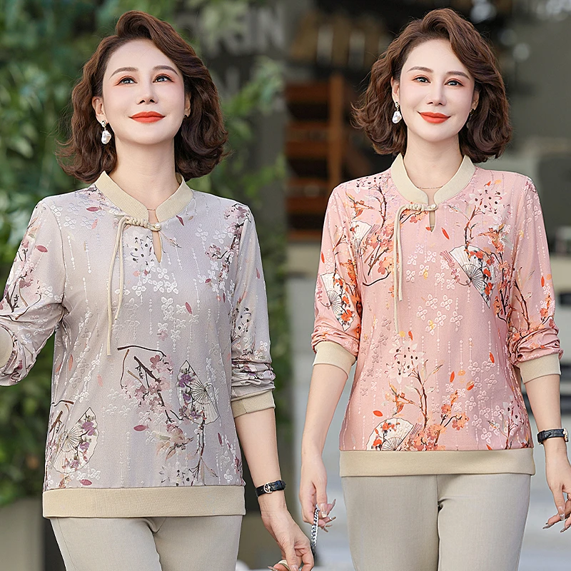 时尚民族风宽松中老年女装长袖妈妈装春秋百搭气质打底衫印花T恤