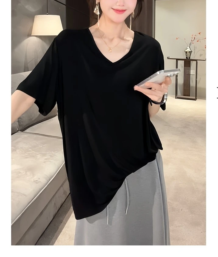 【面膜V领】极简垂感大领口宽松oversize高级春夏季五分袖短袖T恤女