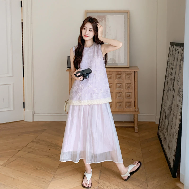 法式浪漫温柔风套装裙2025夏季新款氛围感无袖镂空背心网纱半身裙