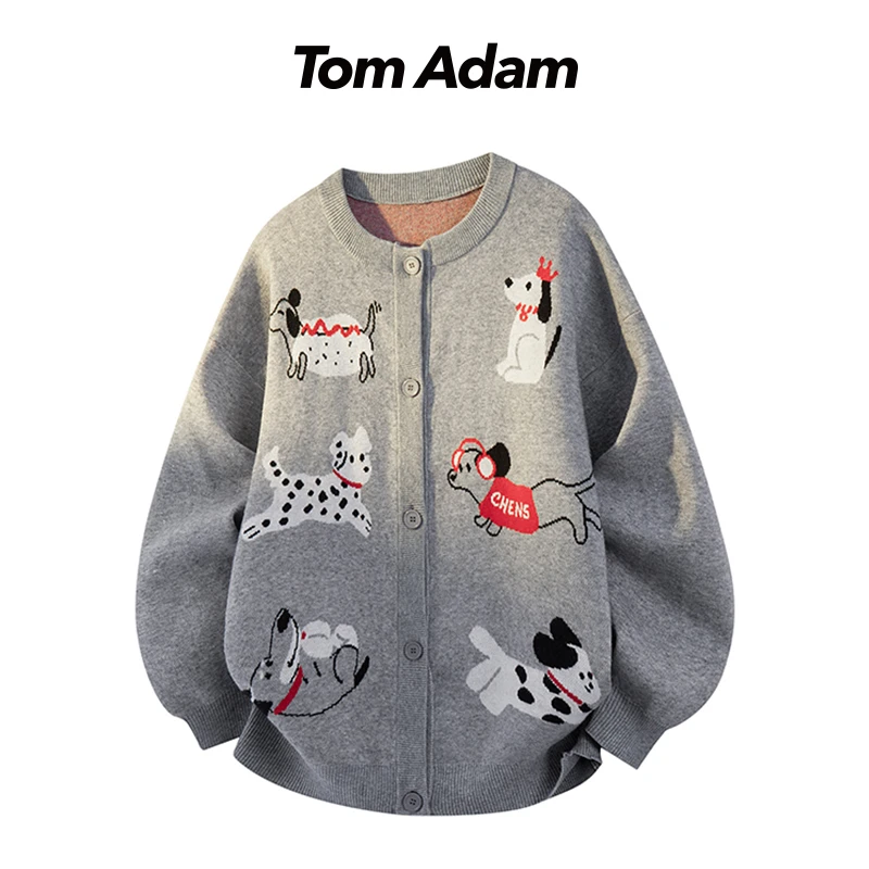 TOMADAM针织针织衫复古男士小狗开衫毛衣春秋秋冬休闲运动