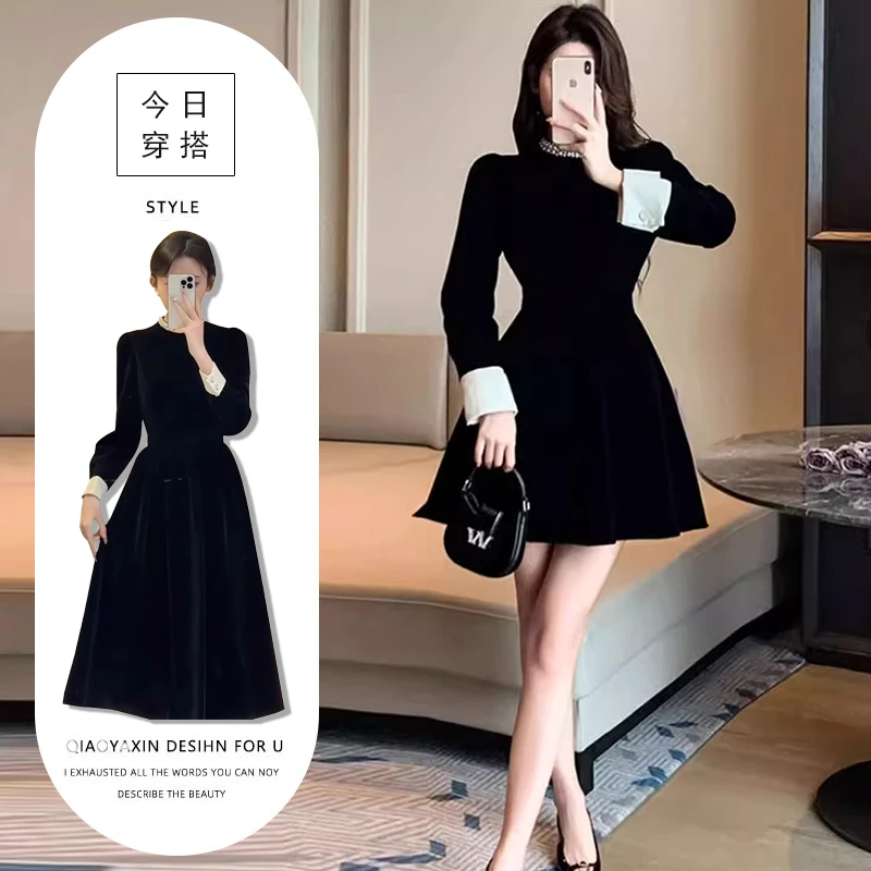 高端精致显瘦百搭丝绒裙女2025年早春新款长短款赫本风气质连衣裙