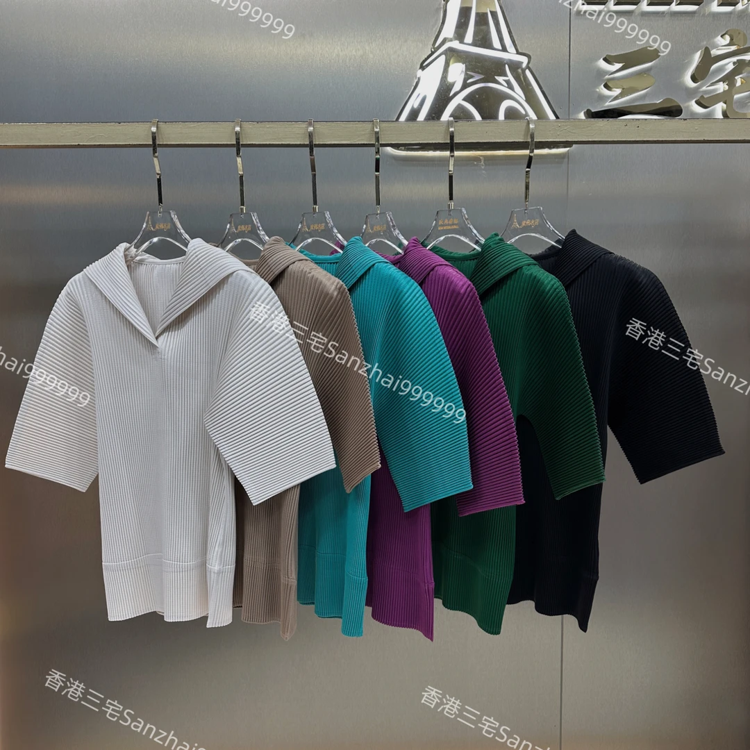 大码褶皱春夏新款纯色海军领短袖上衣显瘦百搭休闲简约T恤