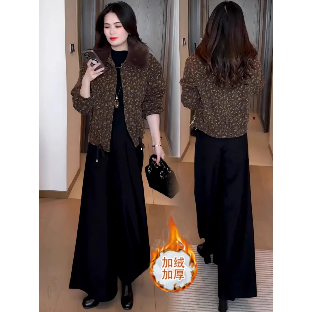 拉夏贝尔加绒碎花毛领套装女2025秋冬新款保暖显瘦减龄休闲两件套