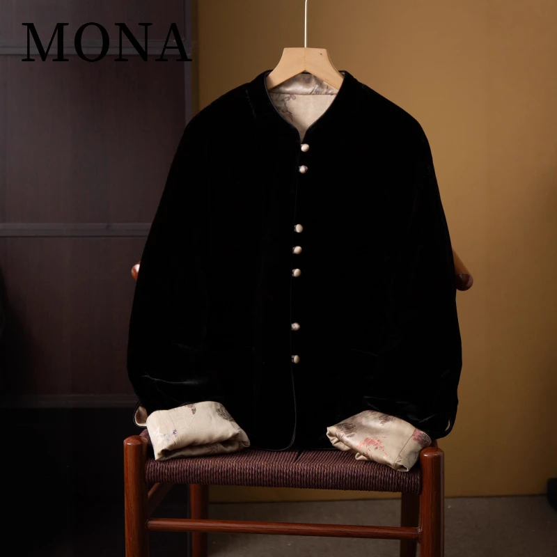 MONA新中式90鹅绒真丝鹅绒服双面桑蚕丝丝绒撞色挽袖立领外套新款