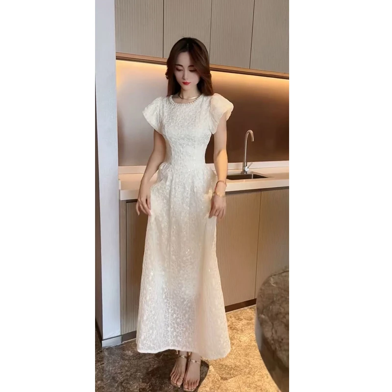 气质洋气立体刺绣重工订珠连衣裙女泡泡袖中长款显瘦大口袋裙子