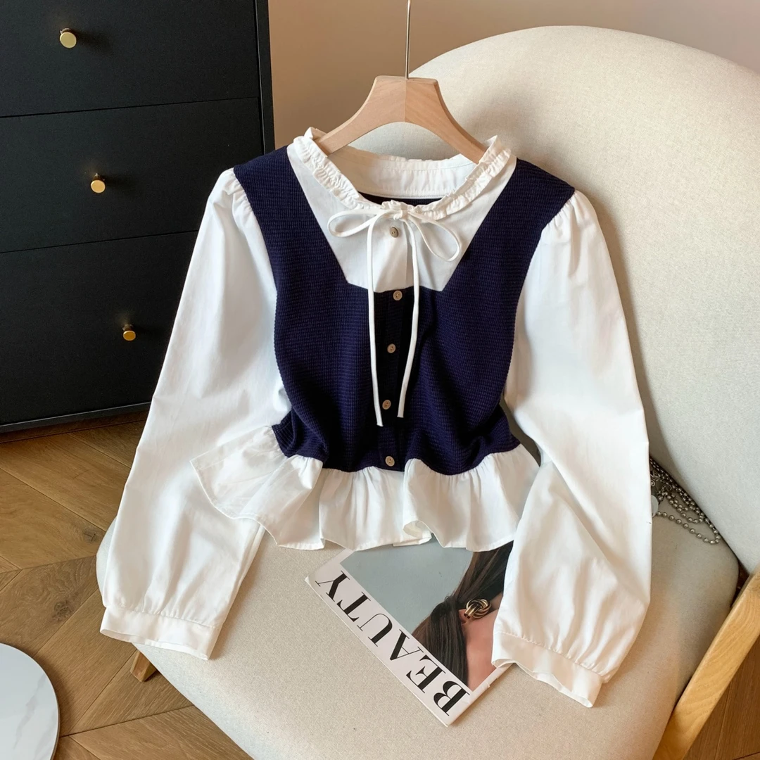 假两件针织马甲拼接衬衫女早秋美拉德穿搭独特减龄木耳边显瘦上衣