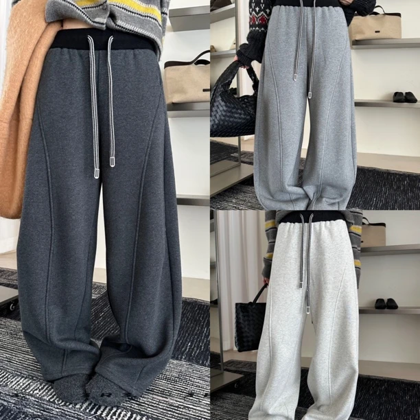 DMG9673加绒加厚休闲裤女阔腿裤2025冬新款宽松直筒弯刀卫裤长裤