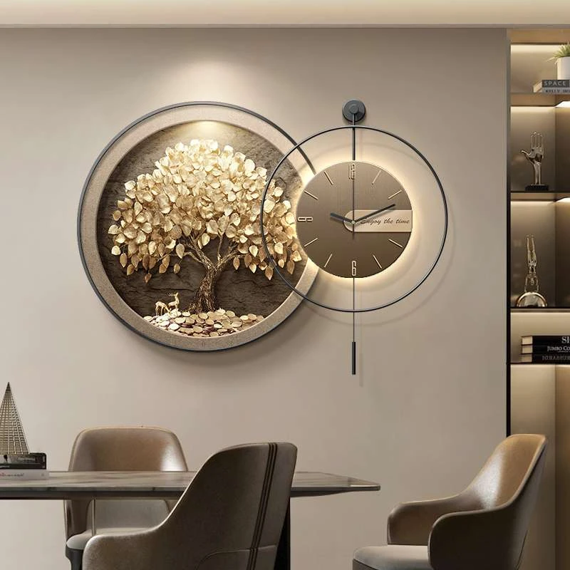 发财树餐厅装饰画2025新款客厅钟表时钟挂画轻奢高级感圆形壁画灯