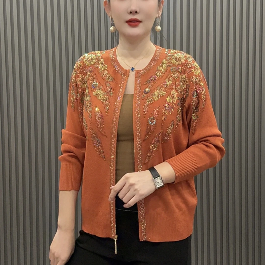 610655时尚女士新款爆款长袖针织开衫春秋妈妈装洋气宽松百搭