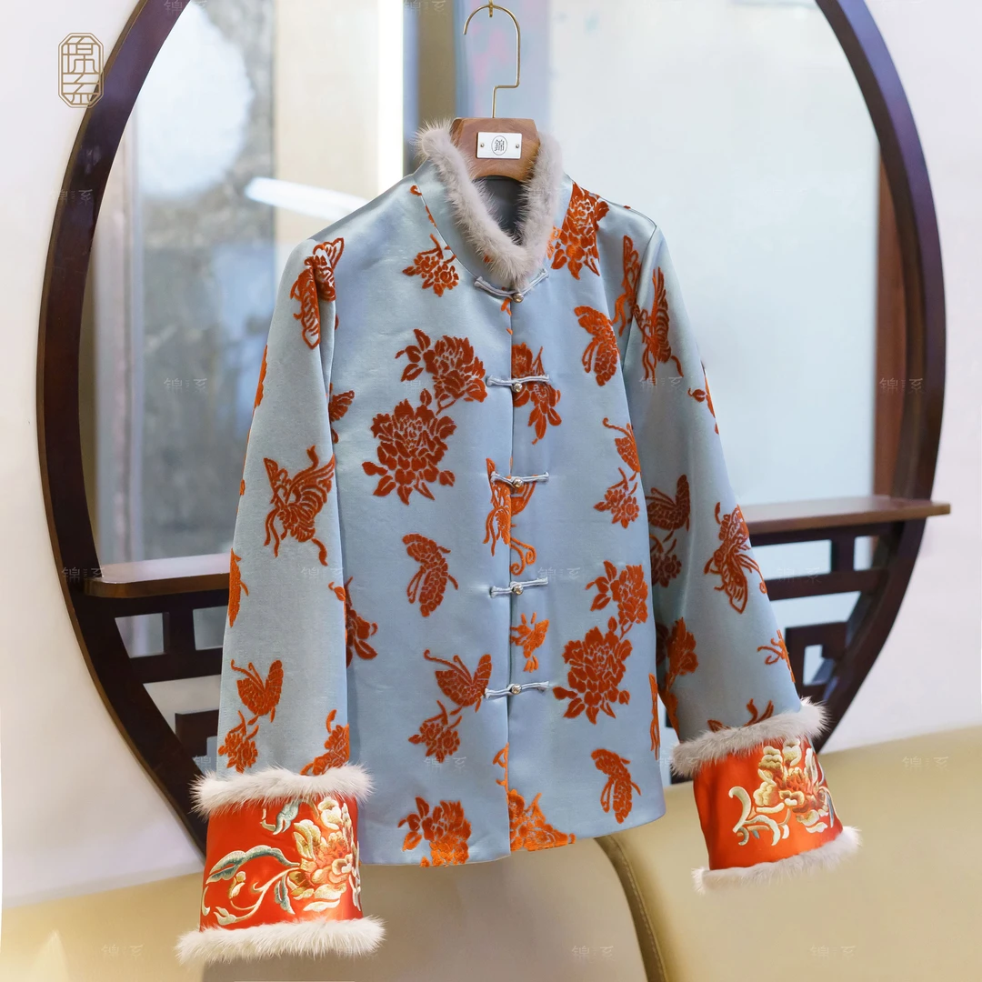 【锦系】漳绒新中式国风桑蚕丝袖口撞色立领直襟加棉外套E-382287