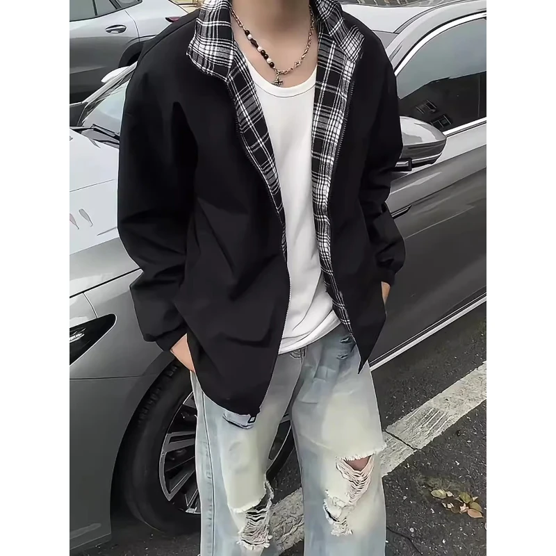 黑色拼接格子外套男春秋款高级感立领工装夹克美式短款情侣棒球服