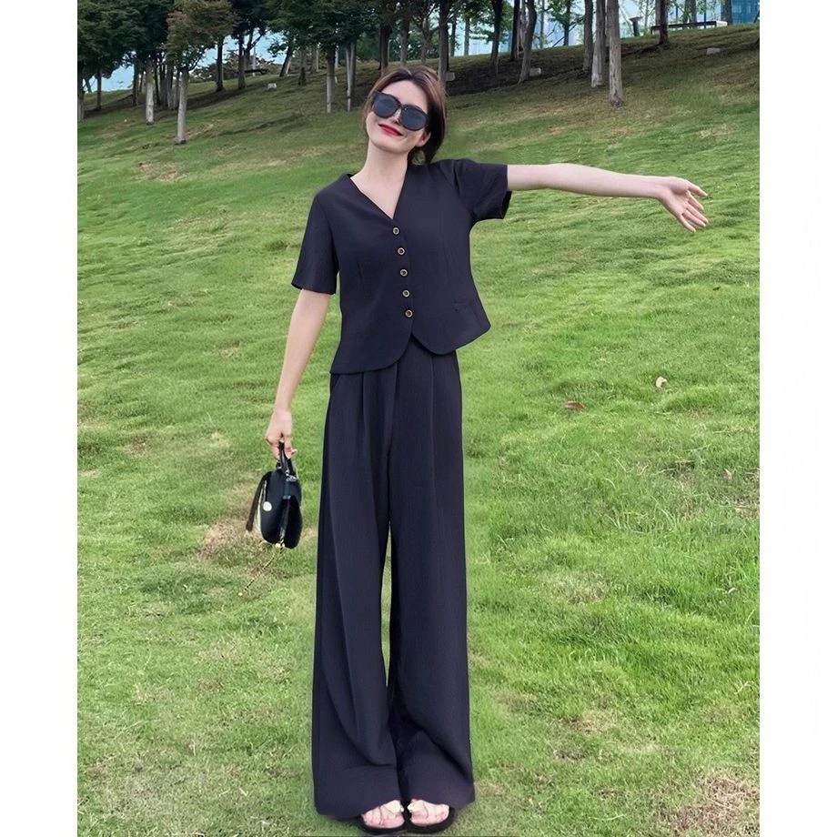 时尚轻奢慵懒风休闲透气天丝亚麻短袖外套高腰显瘦阔腿裤两件套装