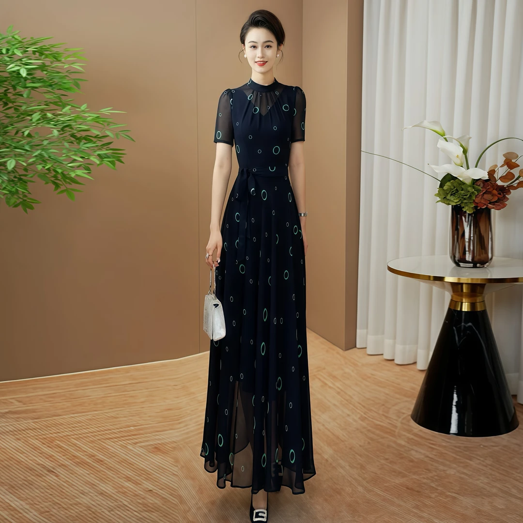 高贵气质修身连衣裙2025夏季新款原创正品收腰显瘦优雅长裙0145