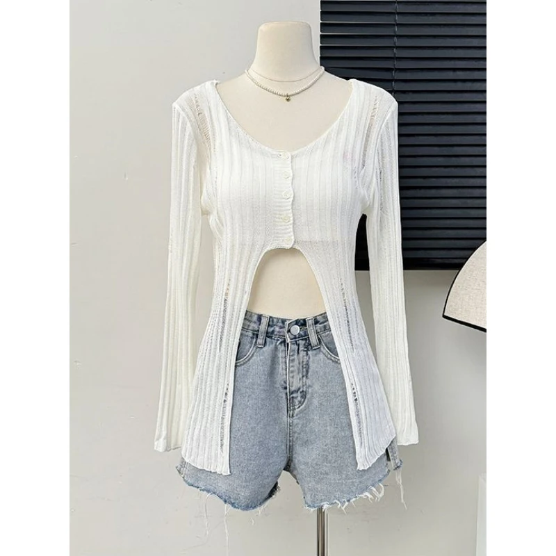 绝美！不能错过！镂空破洞开叉长袖针织衫女修身慵懒感显瘦薄款罩衫