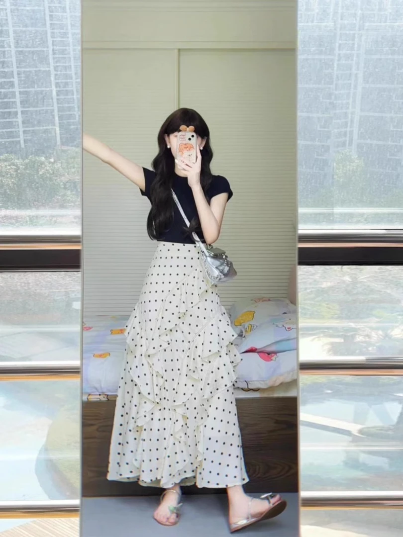 夏装搭配一整套时尚韩系设计感小众荷叶边波点半身长裙子夏两件套