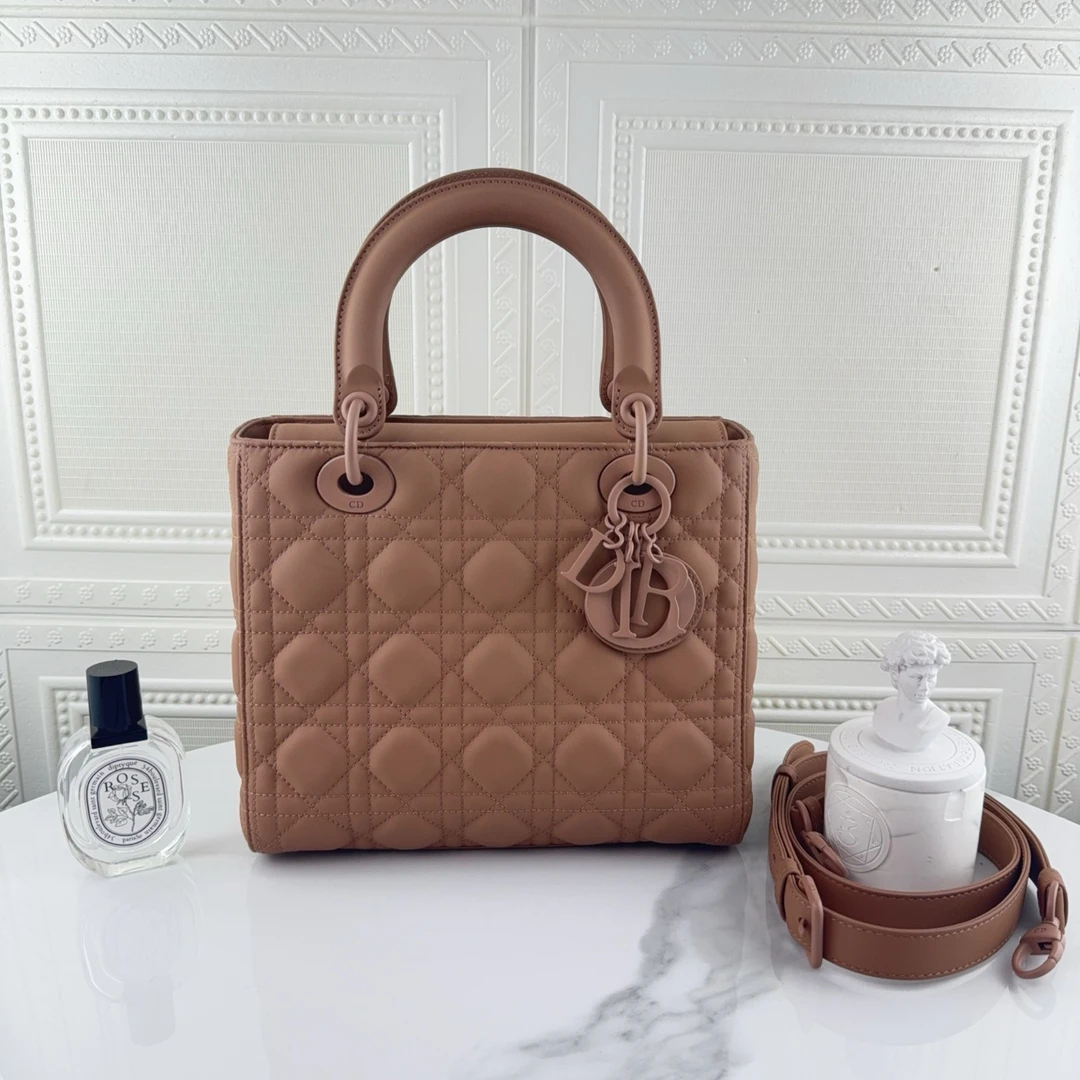 99新 DIOR/迪奥 女士时尚 五格磨砂戴妃 裸粉色 手提单肩二奢包包