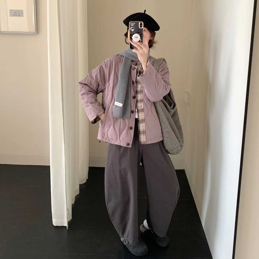 洋气轻薄菱格巨好看短款小个子保暖宽松棉衣棉服圆领显瘦百搭上衣