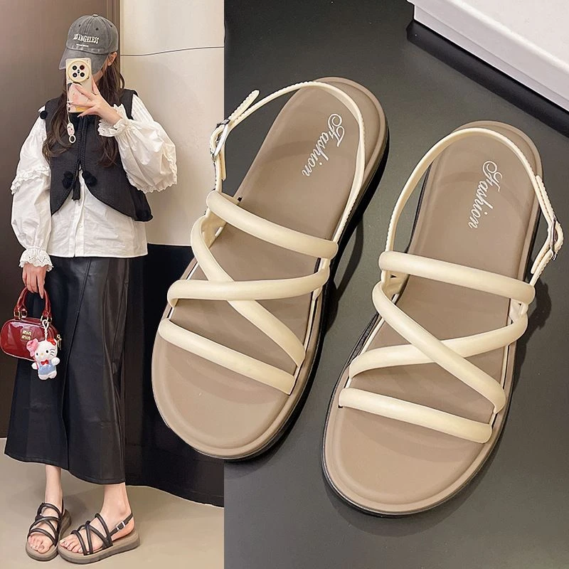 2025年夏季新款露趾罗马凉鞋轻便防滑设计感百搭沙滩平底鞋女外穿