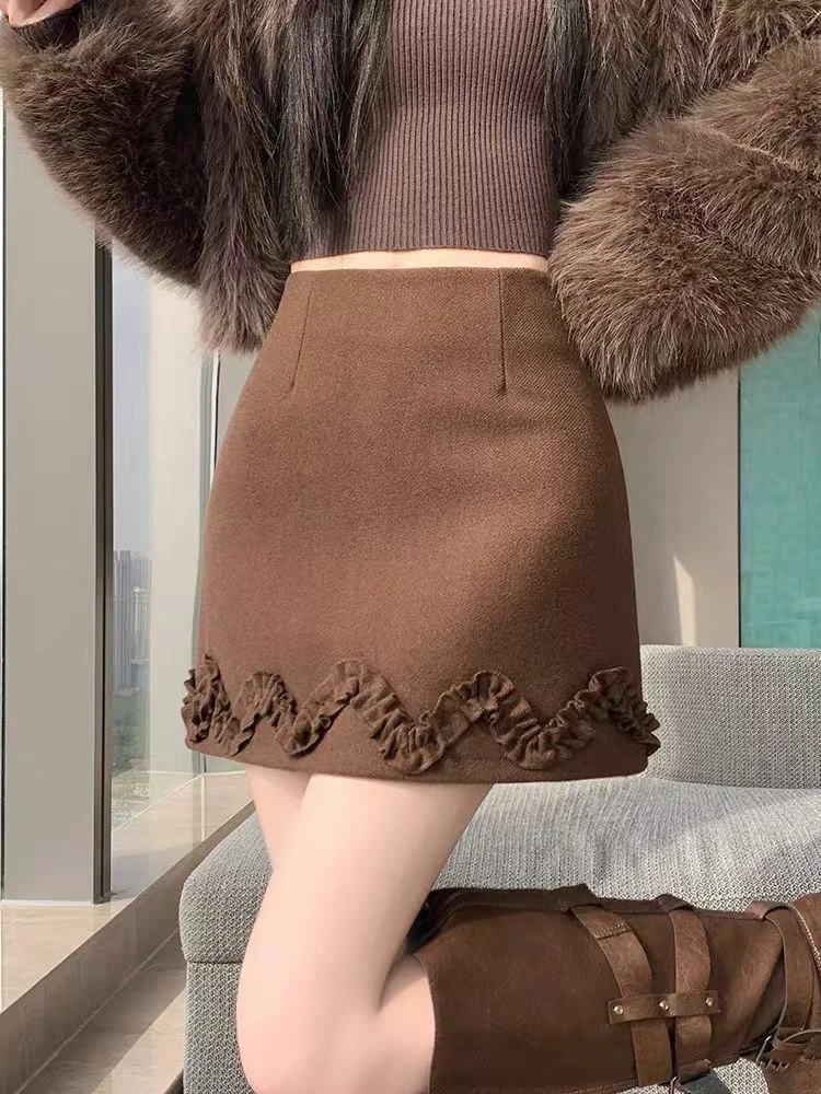 高腰半身裙女士秋冬高腰短裙不规则花边时尚韩版显瘦A字百搭网红