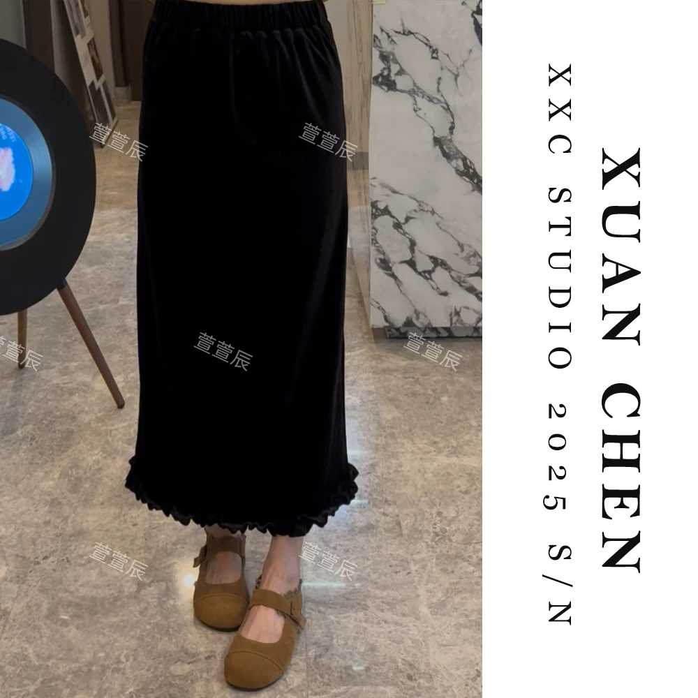 【微醺步调】半身裙女款爆款2025新款秋季洋气慵懒风黑色丝绒裙8801