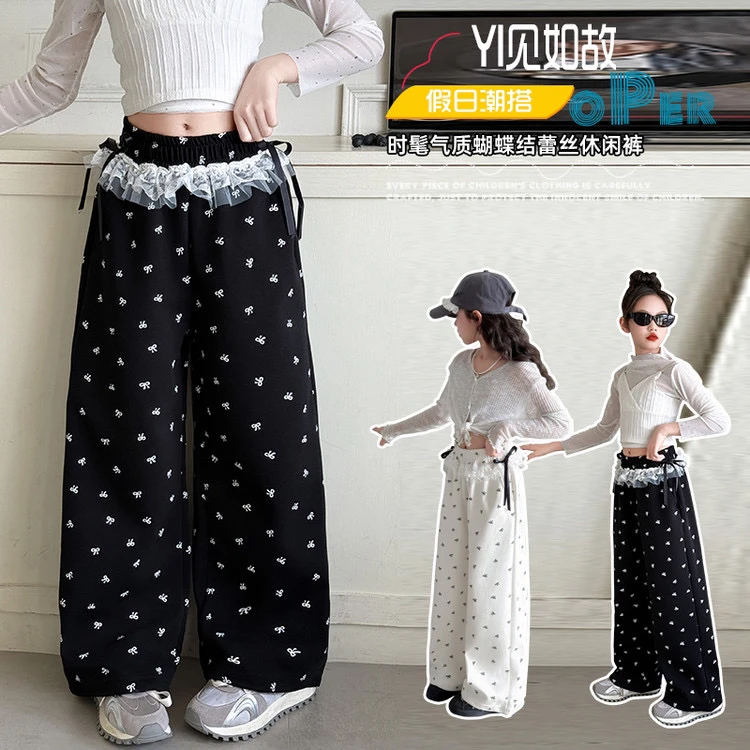 2025新款女童中大童春秋满印蝴蝶结蕾丝花边卫裤