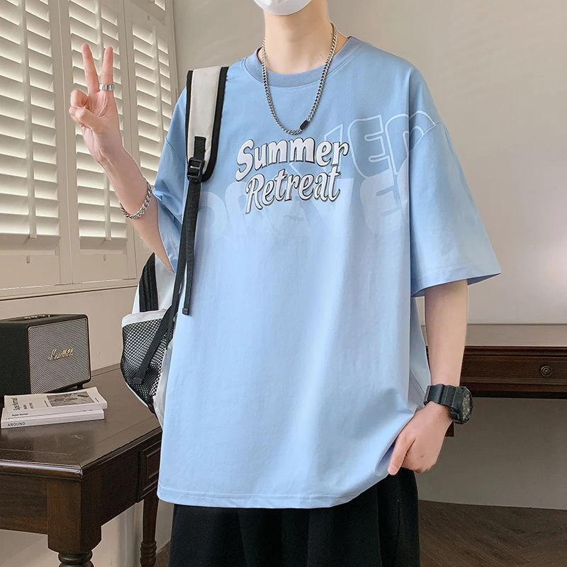 2025夏季新款短袖t恤男青少年学生宽松帅气印花五分袖体恤衫男潮