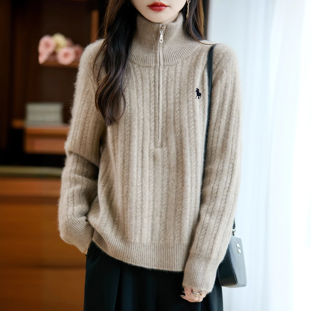 2025秋冬新款半高领拉链纯羊毛衫女加厚麻花毛衣刺绣小马针织衫