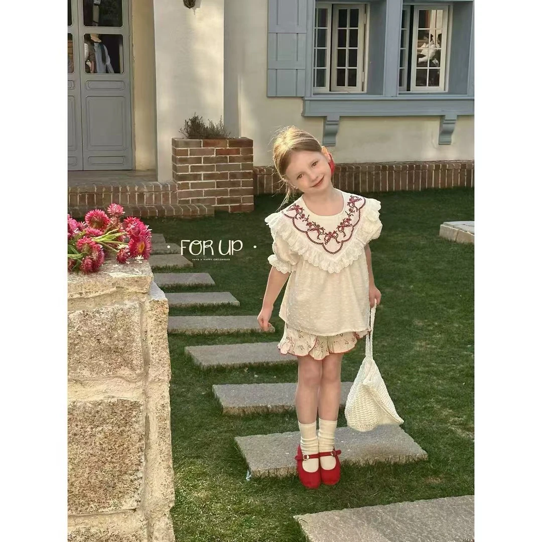 【现货】251-FU-85002珍珠白 法式蝴蝶结满印木耳边短裤