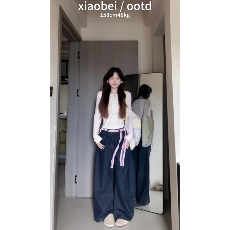 纯欲风方领碎花长袖T恤衫女甜美修身叠穿吊带背心开衫+裤子三件套